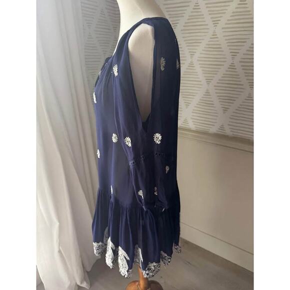 Miss June Sheer Women’s Small Navy Blue & White Embroidered Sheer Mini Dress - Picture 3 of 6